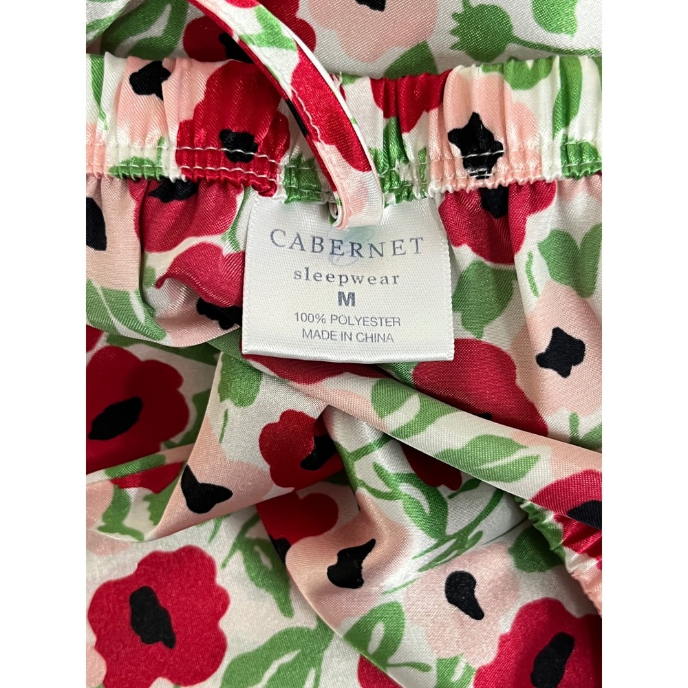 CABERNET Pajama Set Womens M Pink Floral Satin Short Sleeve Button Up Pants - Picture 14 of 16